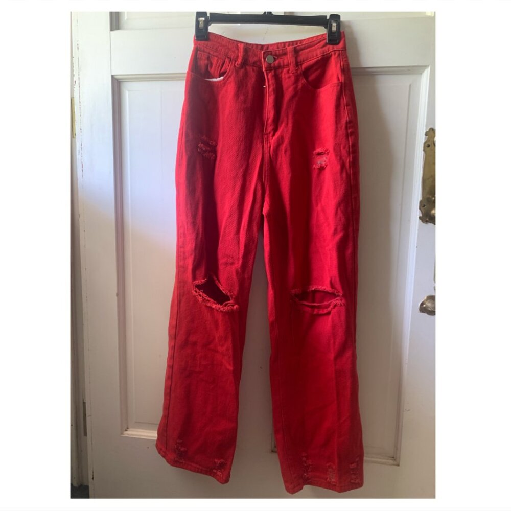 Red Denim Jeans - Distressed - Size S